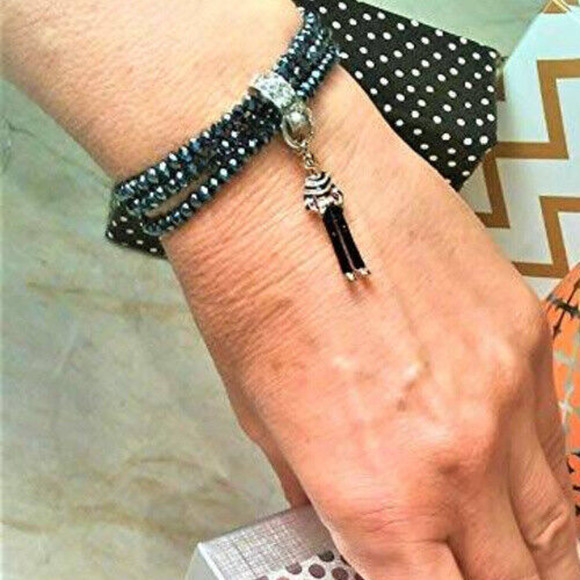 French Lady Stretch Bracelet Beaded BLACK Luxury Charm Paris style Multi-strand - Picture 1 of 6